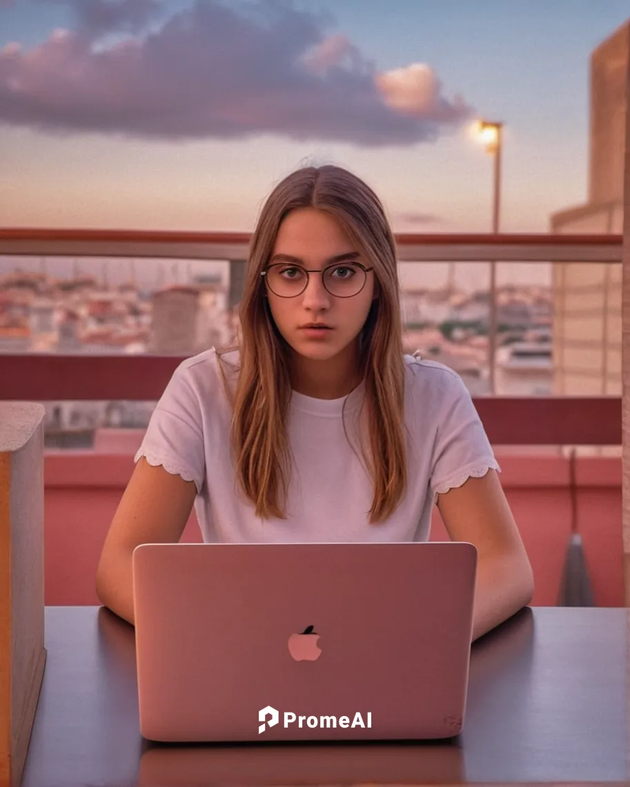 Prompt: Uma menina ganhando dinheiro na internet Sem Aparecer ,girl at the computer,women in technology,girl studying,laptop,apple macbook pro,macbook,apple desk,macbook pro,girl sitting,blur office b