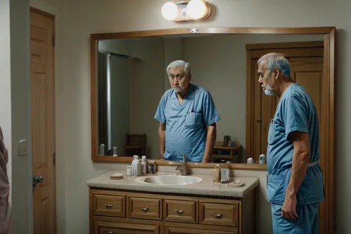 elderly man,prostate cancer,prostate cancer awareness,the mirror,in the mirror,elderly people,mirror image,care for the elderly,grandpa,mirrors,loss,hospital gown,caregiver,digital compositing,pensioner,elderly person,nursing home,personal care,self-reflection,older person