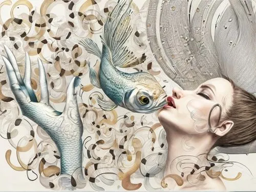 the fish kisses the fish woman, her eyes are closed and she is in love with the fish



,a woman licks her face near a fish,melusine,vespertine,naiad,naiads,pisces,eckmann,Common,Common,Commercial