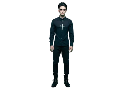 Gothic man, pale skin, black eyeliner, bold eyebrows, messy black hair, slender build, tight black shirt, skinny jeans, black boots, silver crucifix necklace, mysterious atmosphere, dim red lighting, 