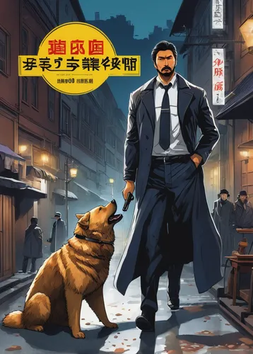 Create a suspenseful scenario where a Russian bear dog helps a detective track down a dangerous criminal.,game illustration,action-adventure game,street dog,dog street,street dogs,shiba,big dog,dogeco