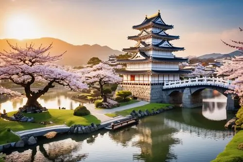 Himeji Castle, Lego architecture, majestic, Japanese-inspired, medieval-style, white walls, red roofs, intricate stone carvings, grand entrance gates, towering spires, ornate bridges, cherry blossom t