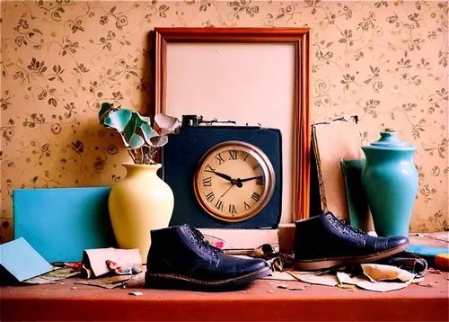 Various objects, scattered, colorful, messy room, old camera, broken vase, torn papers, empty frames, worn-out shoes, vintage clock, peeling wallpaper, morning sunlight, warm tone, shallow depth of fi