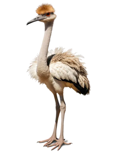 Large ostrich, standing posture, white feathers, long neck, brown eyes, orange beak, strong legs, clawed feet, farm setting, sunny day, warm lighting, shallow depth of field, 3/4 composition, natural 