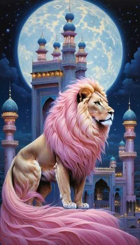 rakshasa,pink city,maharaja,fantasy animal,fantasy picture,forest king lion,Illustration,Realistic Fantasy,Realistic Fantasy 08