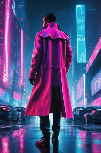 cyberpunk,man in pink,futuristic,cyber,80s,dystopian,vapor,matrix,neon,80's design,neon lights,coat,ultraviolet,neon arrows,pedestrian,aesthetic,miami,cinematic,pink vector,neon light,Conceptual Art,Sci-Fi,Sci-Fi 17