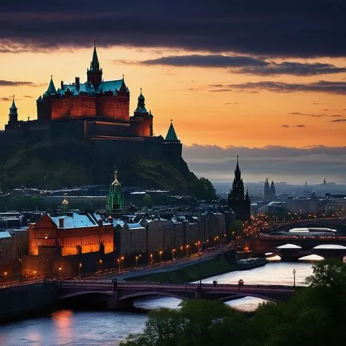 edinburgh,praag,praha,hohenzollern bridge,prague castle,budaj,Illustration,Realistic Fantasy,Realistic Fantasy 04