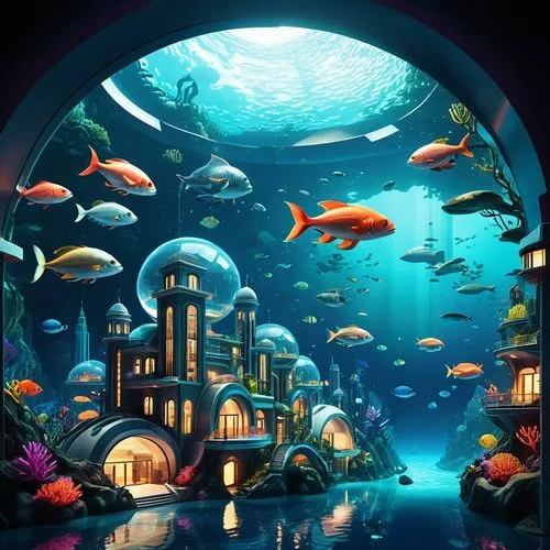  Illustrate a futuristic city submerged beneath the ocean, with bio-luminescent structures that mimic marine life. Include glass domes that provide views of the ocean floor and schools of fish swimmin