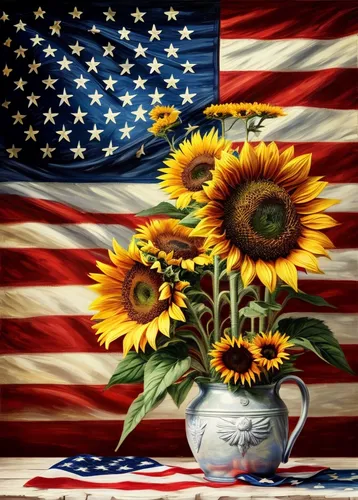 sunflowers in vase,sunamerica,u s,amerio,america,americana,ameri,usa,sunflower paper,united states of america,patriotism,patriotique,muricata,flower painting,allmerica,united state,stars and stripes,u