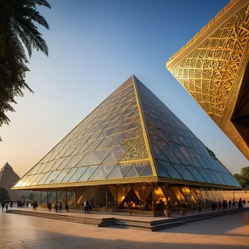 Indian Pavilion intertwining ancient and modern architecture, adjacent to the pyramids, showcasing vibrant glass facade displaying Indian patterns, canopy casting intricate shadow designs, serving as 