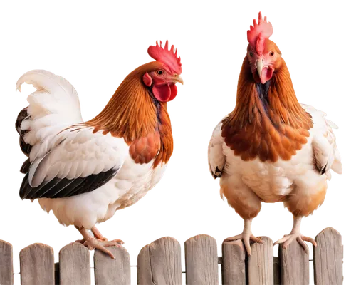 Farming chickens, two chickens, standing, feeding, pecking, brown feathers, red comb, beak, claws, rustic wooden fence, morning sunlight, soft focus, warm color tone, 3/4 composition, shallow depth of