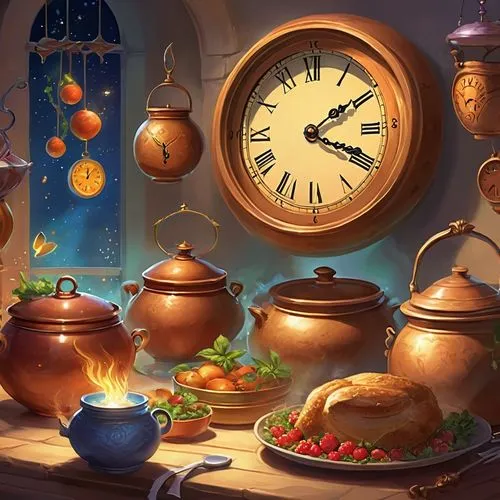 thanksgiving background,tagine,cookery,tagines,ramadan background,cooking book cover,food and cooking,food table,cooking pot,dwarf cookin,fayre,still life with jam and pancakes,oktoberfest background,mezze,autumn still life,cucina,teatime,french digital background,leittafel,clockmaker,Illustration,Realistic Fantasy,Realistic Fantasy 01