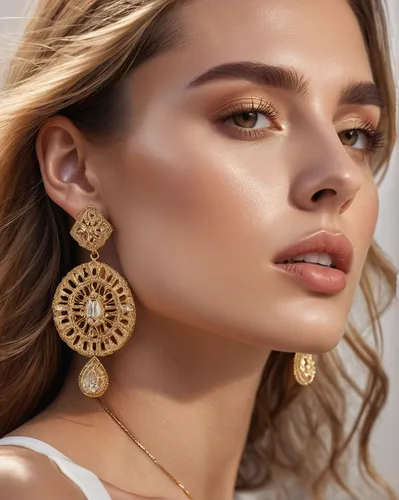 Top fashion poster, female model wearing a pair of stylish earrings made with gold, contour light, ear close-up, fine skin texture, earrings highlight the moist light, super details, shoulder flat ang