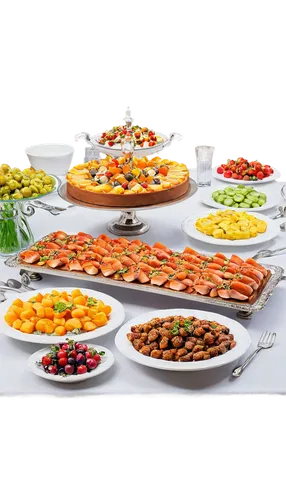 Food buffet table, luxurious, abundant dishes, variety of cuisines, steaming hot food, colorful fruits, delicate pastries, savory meats, ornate serving utensils, elegant glassware, white linen tablecl