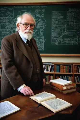 Naval architecture courses, old professor, white beard, glasses, brown suit, chalk in hand, standing, blackboard, complex equations, naval diagrams, wooden desk, leather chair, bookshelves, dim lighti