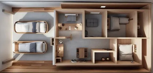 Mantener forma interior y mobiliario existente en la vivienda y colocar textura de piso,a bedroom with four bunks and a bed in a room,walk-in closet,habitaciones,an apartment,modern room,bunkbeds,apar