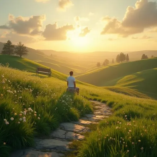 Serene grassland scenery, gentle rolling hills, warm sunset light casting long shadows, a lone figure in harmony with nature, peaceful atmosphere, soft focus, shallow depth of field, vibrant green gra