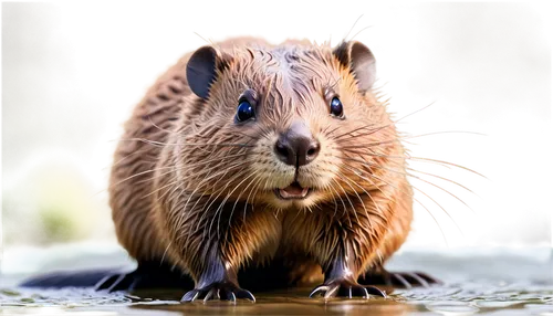 Beaver, wildlife, rodent, semi-aquatic, brown fur, flat tail, webbed hind legs, whiskers, cute expression, front view, close-up, shallow depth of field, soft natural light, warm color tone.,a beaver s