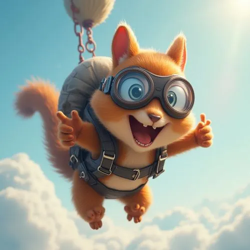 An image of an anthropomorphic squirrel skydiving. He is wearing goggles and is rocketing downward. He is having a great time. Highly detailed.,an animated squirrel flying through the air,squirell,wic