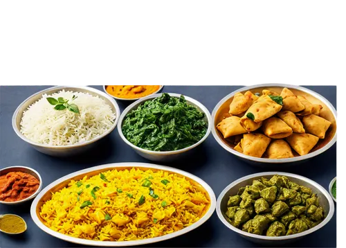 Indian cuisine, colorful, traditional, delicious food, basmati rice, naan bread, tandoori chicken, palak paneer, samosas, biryani, curry leaves, spices, garam masala, turmeric powder, cumin seeds, cor