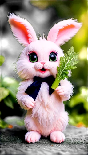 Cute bunny, white fur, pink nose, whiskers, floppy ears, big eyes, sitting pose, holding carrot, green leaf background, soft focus, warm lighting, shallow depth of field, pastel color tone, 3/4 compos