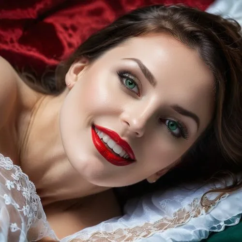 red lips,red lipstick,romantic portrait,woman laying down,sonrisa,romantic look,Photography,General,Cinematic