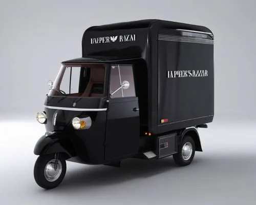 ape car, italy, Harper's Bazaar car, Clean design, news kiosk, black&white, ape car open with newspaper, harper's bazaar logo, white ape car,a small three wheeled black truck on wheels,piaggio ape,aut