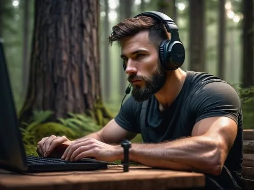 forest workplace,wireless headset,man with a computer,listening to music,blogs music,tinnitus,music background,remote work,distance-learning,wireless headphones,digital nomads,computer addiction,freelancer,dj,lan,content writers,online support,headset,streaming,music workstation,Conceptual Art,Fantasy,Fantasy 17