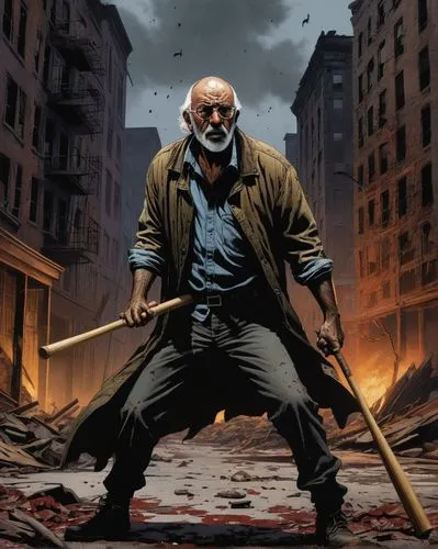 Bernie Wrightson, The Walking Dead, male, comic book character, horror theme, dark skin tone, bald head, thick beard, worn clothing, ripped sleeves, bloody hands, holding a baseball bat, serious facia