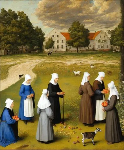 (view from above as in the paintings of Pieter Bruegel, small figures of Catholic nuns in Breton bonnets and kerchiefs, light brown robes and dark brown dresses pick apples from the trees, small gray 