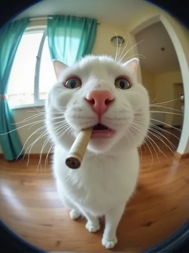 a cat taken with a fisheye lens, which creates a distinctive circular distortion around the edges. The cat has white fur The cat smoking a white cigar. The background shows a living room setting with 