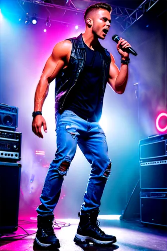 Loudspeaker, DJ equipment, flashing lights, dynamic pose, energetic atmosphere, muscular male, sleeveless shirt, ripped jeans, heavy boots, intense facial expression, sweat droplets, microphone, conce