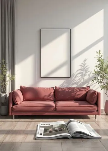 magazine illustration on table top view living room, burgundy, minimalism, gray strict furniture and white walls, drawing in a magazine. Illustrated-Booklet style,a book sits on the floor in front of 