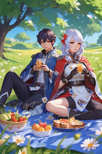 Illustrate Genshin Impact characters enjoying a peaceful picnic in a blooming field through thoughtful fanart.,picnic,idyll,family picnic,autumn idyll,bird robins,tea party,autumn taste,teatime,pickin