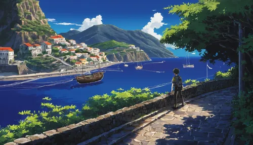 studio ghibli,boat landscape,monkey island,meteora,airships,harbor,isle,fishing village,floating island,gondola,summer evening,sea fantasy,scenery,cablecar,idyll,world digital painting,lycian,boat harbor,airship,mountain and sea,Illustration,Japanese style,Japanese Style 12