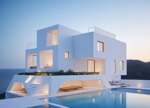 cubic house, minimal, composition of  some boxes with different sizes.,an exterior view of a white house with glass windows and doors,cubic house,cube stilt houses,cube house,modern architecture,santo