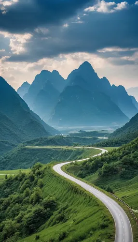 Mountains in the distance, slippery road movie Silk Road scenery, Chinese scenery, scenery, traveling through mountains, stunning background scenery, distant scenery shot, mountains in the background,