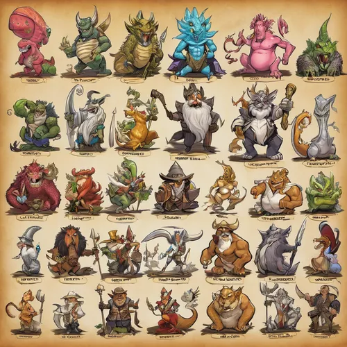 skylander giants,fairy tale icons,collected game assets,skylanders,crown icons,game characters,rodentia icons,animal icons,fairytale characters,stacked animals,fox stacked animals,chess icons,starters,figurines,pokemon,playmat,characters,miniatures,set of icons,pokémon,Illustration,Abstract Fantasy,Abstract Fantasy 23