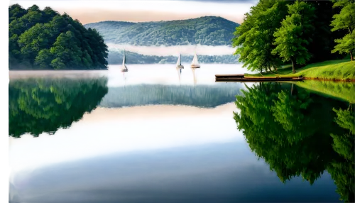 Scenic lake, serene atmosphere, calm water reflection, misty morning, surrounding green hills, few sailboats drifting, wooden dock jutting out, lush trees leaning over water, soft warm sunlight, 3/4 c