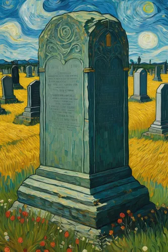 Imagine a dystopian future where gravestones are used as markers for robotic beings.,tombstones,gravestones,tombstone,grave stones,burial ground,gravestone,headstone,vincent van gogh,graveyard,necropo