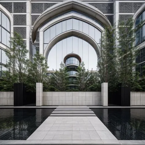 glass facade,glass facades,glass building,courtyard,winter garden,inside courtyard,office building,structural glass,symmetrical,garden elevation,landscape designers sydney,the center of symmetry,botan