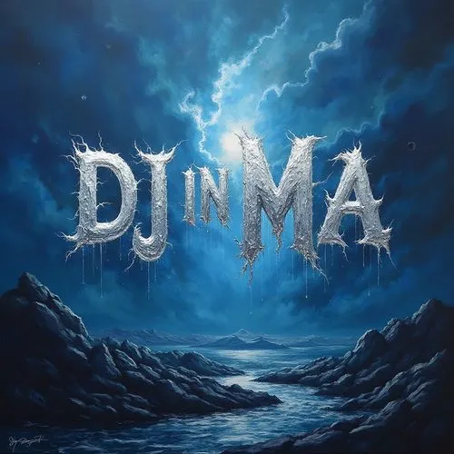 As the eerie hues of blue and silver dance on the sky, the title of "DJ IN MA" comes to life, illuminating the chaos and chaos outside the distorted world. A canvas behind this masterpiece sways with 