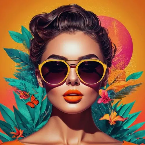 fashion vector,vector illustration,tropical floral background,tropicalia,retro woman,sunglasses,aviators,afrotropical,digital illustration,labios,knockaround,tangerine,portrait background,world digital painting,pop art style,retro girl,tropico,kanaloa,naranja,tropicana,Photography,General,Fantasy