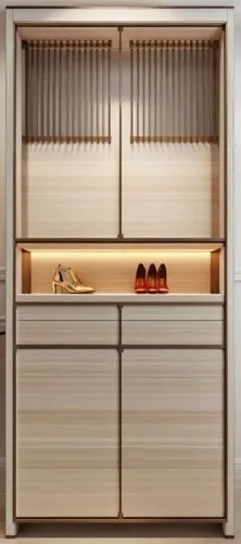 A tall shoe cabinet with elegant design and two tone color. it has a ventilated grill pattern on top cut into its door in a modern design,shoe storage cabinets with led lighting under them,walk-in clo