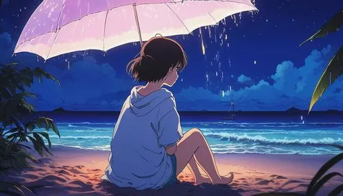 summer umbrella,beach umbrella,blue rain,umbrella,rainy season,umbrellas,rainy,umbrella beach,studio ghibli,in the rain,light rain,summer background,rain,summer evening,atmosphere,after the rain,rainy day,after rain,summer day,parasol,Illustration,Japanese style,Japanese Style 05