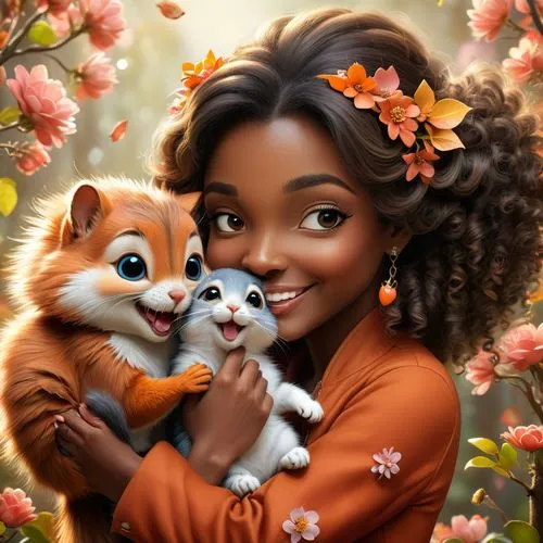 cute fox,adorable fox,cute cartoon image,child fox,romantic portrait,tiana,little fox,moana,cute cartoon character,girl with dog,flower animal,pomeranian,yogananda,foxes,cute animals,lilo,holding flowers,children's background,flower girl,world digital painting,Photography,General,Fantasy