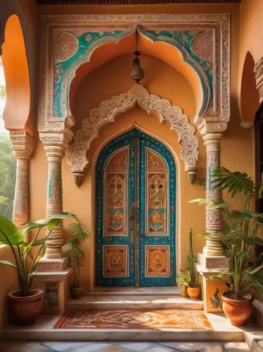 Traditional Indian home, intricate carvings, ornate wooden doors, vibrant colors, Rajasthani style, Jharokha windows, curved arches, domed roofs, white marble floors, colorful tiles, lanterns, intrica