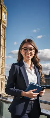 Modern British architecture graduate, male/female, 20-25 years old, smiling face, glasses, neat hair, suit jacket, white shirt, black trousers, holding a portfolio, standing in front of a UK cityscape