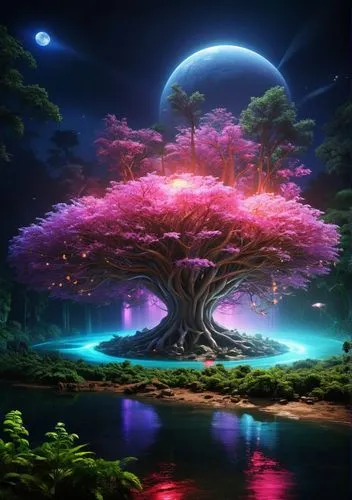 galaxy,space,venus,neptune,forest,pink,clolofull,an image of a surreal tree near the water,colorful tree of life,mushroom landscape,magic tree,fairy forest,fairy world,tree of life