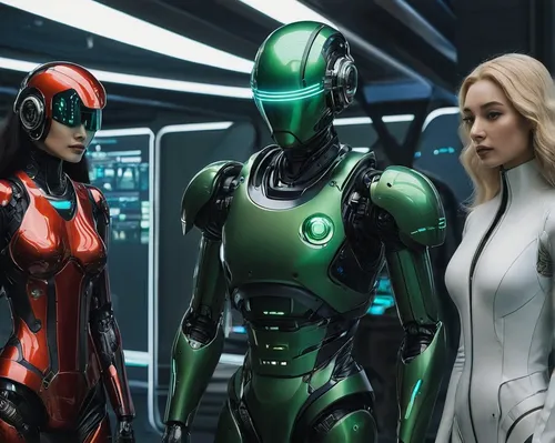 Create a futuristic science fiction tale where Naver is an advanced AI companion aiding humans in their daily lives.,laurel family,ivy family,valerian,sci fi,mannequins,red and green,passengers,trinit